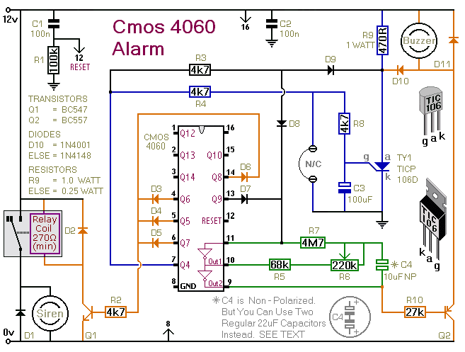 Circuit Diagram For A Cmos 4060 Based One-Time-Only Alarm